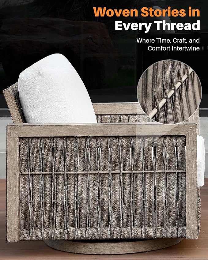 Swivel Patio Chairs Set of 2, Outdoor Aluminum Swivel Chairs with Washable Cushions, 2 Pieces Rope Weave Swivel Patio Sofa Armchair, Outdoor Furniture Set for Garden, Porch, Poolside, Gray Oak