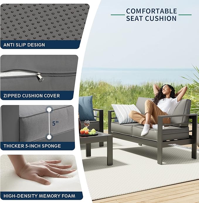 Amopatio Aluminum Patio Furniture Set, 7 Pieces Modern Patio Conversation Sets, Outdoor Sectional Metal Sofa with Coffee Table for Balcony, Garden, Dark Grey (Included Waterproof Covers)