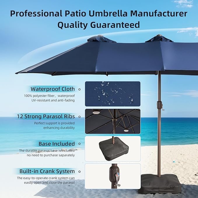 15Ft Patio Umbrella - Large Beach Umbrella W 12 Sturdy Ribs,UPF50 Outdoor Table Umbrella,Picnic Market Umbrella W Base Crank Handle for Pool,Yard,Garden