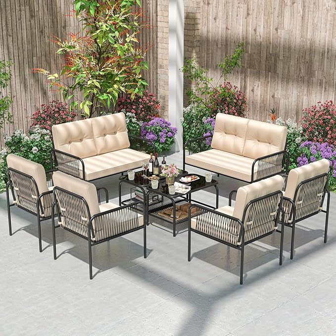 Tangkula 8 Pieces Patio Furniture Set, PE Rattan Sofa Chairs with Loveseat, Tempered Glass Coffee Table and Soft Cushions, Outdoor Conversation Set for Porch, Backyard, Garden and Poolside