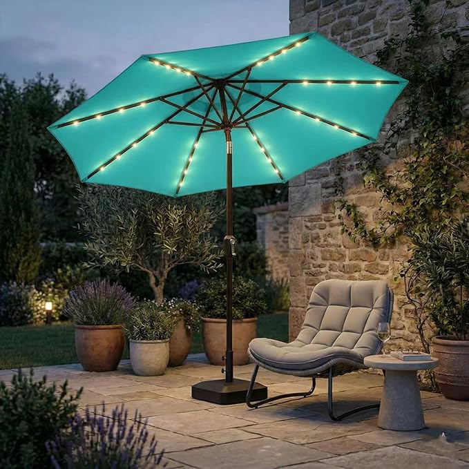 Kingdura 10FT Outdoor Patio Umbrella with Solar Lights, Market Table Umbrella with Push Button Tilt & Crank, 8 Sturdy Ribs, 32 LED Lights, UV Protection for Garden Lawn Deck Backyard Pool (Tiffany blue)