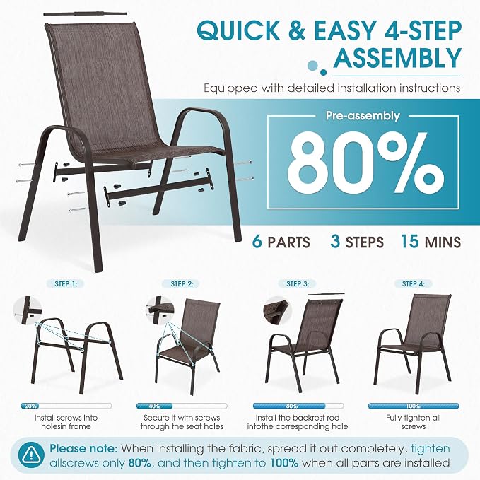 24.4" Wide Outdoor Stackable Chairs Set of 6, Stacking Patio Chairs with Textilene Fabric, Outside Furniture for Garden Backyard Balconie Poolside Deck, Brown