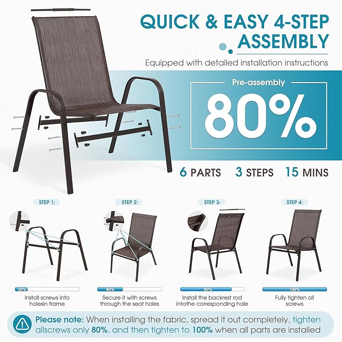 24.4" Wide Outdoor Stackable Chairs Set of 8, Stacking Patio Chairs with Textilene Fabric, Outside Furniture for Garden Backyard Balconie Poolside Deck, Brown