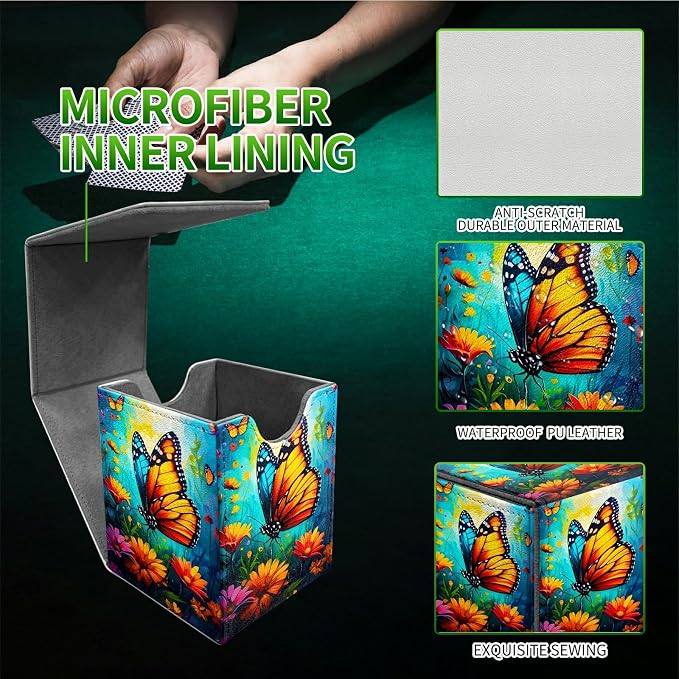 Deck Box for MTG, Cards Storage Box Fits 120+ Sleeved, Leather Medium Size Strong Magnetic Closing Card Case for Board Games Magic TCG CCG Baseball Collection, Butterfly Blue Sky