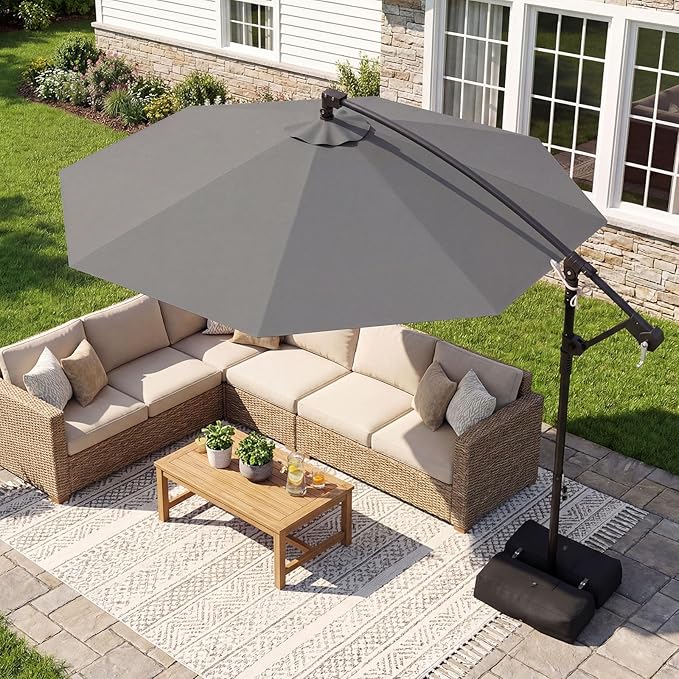 Tangkula 10ft Patio Umbrella with Base Included, Offset Cantilever Outdoor Umbrella with 360 Degree Rotation, Crank Handle, Sun-Protective Canopy for Pool Deck Garden Backyard (Gray)