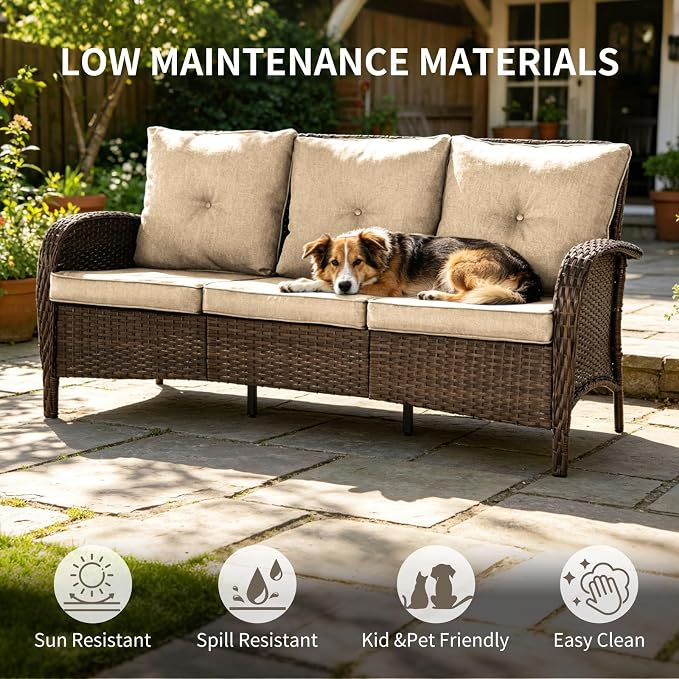 All Weather Patio Furniture Set, High Back Swivel Rocker Glider Chairs，Ottomans & Glass Tables, Outdoor Conversation Set for Deck Porch Yard Poolside (Brown, 5PCS-Swivel Chairs&Chairs&Table)