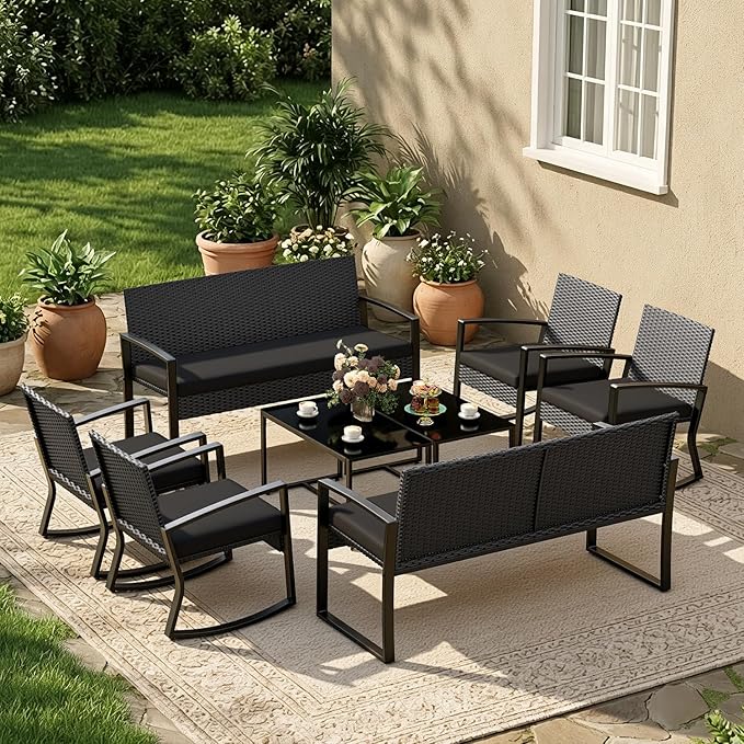 Ahomly 8 Piece Outdoor Patio Furniture Set, Wicker Patio Furniture with Glass Coffee Table, Modern Rattan Rocking Chairs Conversation Set, for Porch, Garden, Lawn,Black Cushion