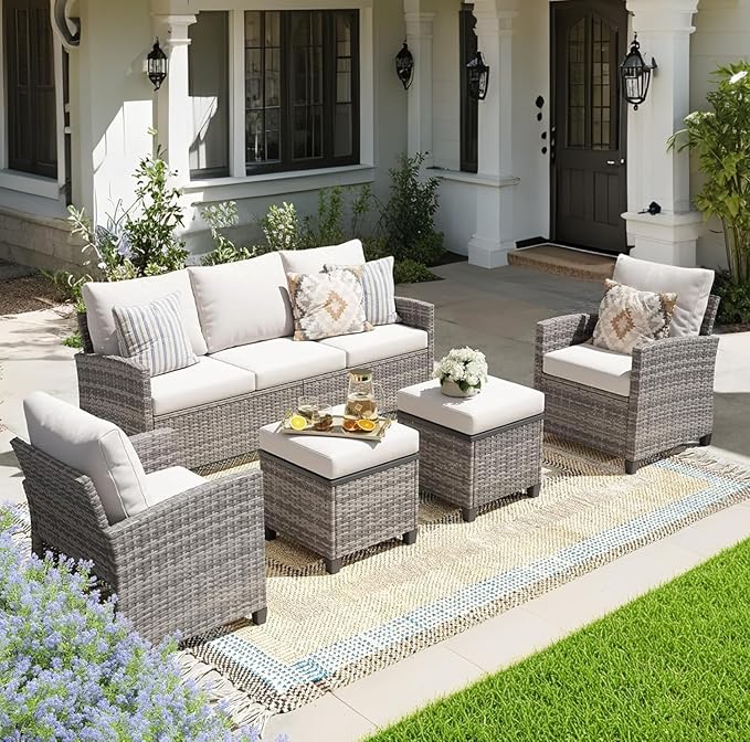 5 Piece Patio Furniture Set, All Weather Outdoor Sectional Set, Wicker Outside Furniture Patio Sofa Set for Backyards, Porch, Poolside, Garden, Balcony (Gray & Beige)