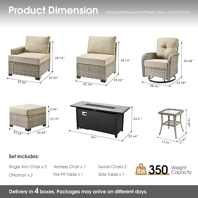 Rattan Patio Furniture Set with Fire Pit Table,9 Pieces Outdoor Sectional with Swivel Chairs Ottoman,Out Door Furniture Conversation Set,Beige