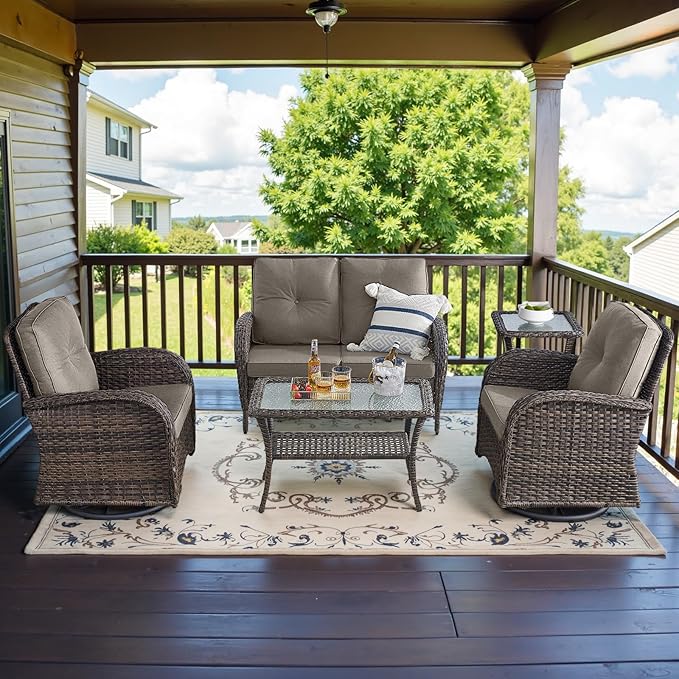 Belord 5-Piece Patio Furniture - Outdoor Conversation with Deep Seating Swivel Rocker Chairs Loveseat and Rattan Coffee Table, Brown with Gray Cushion