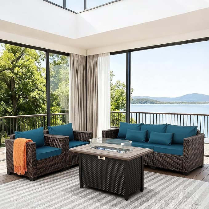 4 Pieces Outdoor Patio Furniture Set 43 In Outdoor Fire Pits Wicker Outdoor Furniture Chairs and Sofa 60000 BTU Outdoor Propane Fire Pit Table Non-Slip Cushions and Waterproof Covers, Peacock Blue