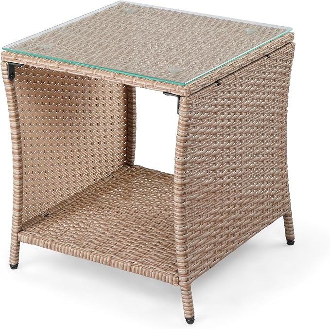 VINGLI Outdoor Wicker Side Table Patio Side Tables for Outside, Tempered Glass Top Wicker Table with Storage End Table for Balcony Porch Deck (Natural)