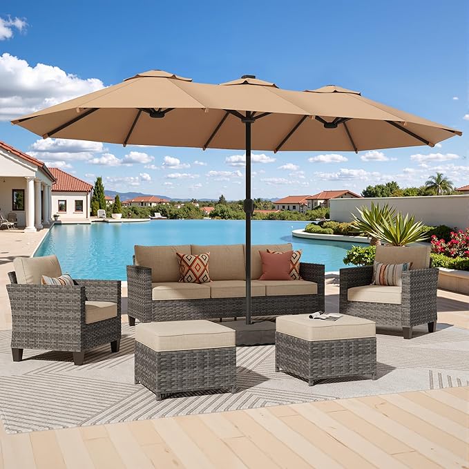 15Ft Patio Umbrella - Large Beach Umbrella W 12 Sturdy Ribs,UPF50 Outdoor Table Umbrella,Picnic Market Umbrella W Base Crank Handle for Pool,Yard,Garden
