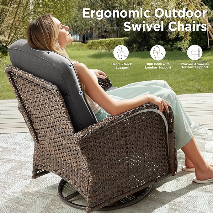 Luxury Wicker Patio Furniture Set with 6-Inch Thick Cushions, 6 Pieces Outdoor Swivel Rocker Patio Chairs Set of 4 with Rattan Side Table, Ooutdoor Patio Conversation Sets for Garden Porch Deck, Gray