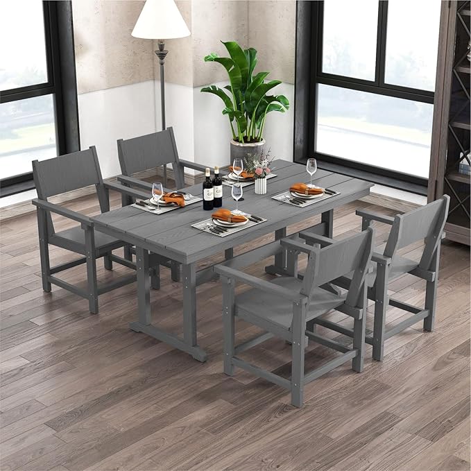 5-Piece HDPE Outdoor Patio Dining Set,Outdoor Table and Chairs,Modern Plastic Dining Sets with Umbrella Hole Cut-Out Table and 4 Chairs Gray