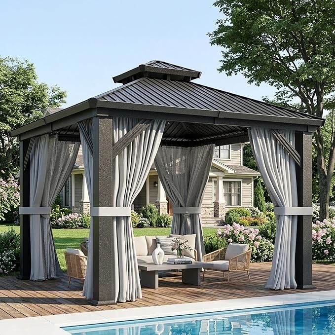 AirWire 10'x10' Outdoor Gazebo Hardtop Grill Gazebo Aluminum Galvanized Steel Double Roof Outdoor Pergola Include Curtain and Netting for Backyard, Patio, Lawn