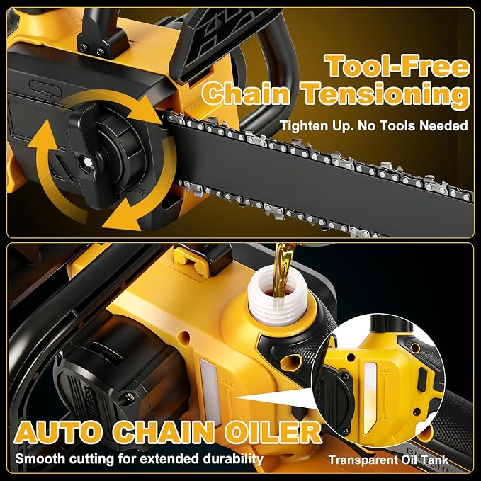12 Inch Brushless Chainsaw Cordless for Dewalt 20V Battery, Handheld Electric Chain Saw with 3 Chains, Tool-free Chain Tension and Auto Oiling for Wood Cutting Tree Trimming (Battery Not Included)