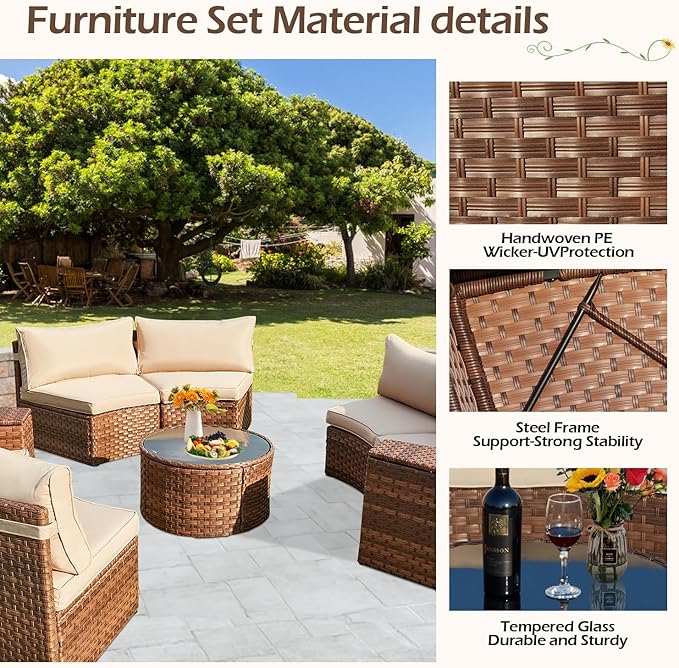 ECOTOUGE Large Half-Moon Outdoor Patio Furniture Set, 9 Piece Wicker Rattan Patio Sectional Furniture Sofa Set Conversation Set for Pool Backyard Balcony Garden(Beige/Brown)