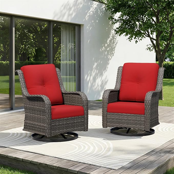 Swivel Rocker Patio Chairs Set of 2 - Outdoor Wicker Patio Furniture Set 2 Pieces with Thickened Olefin Cushions, High Back and Deep Seating, Hand-Woven PE Rattan for Porch, Deck, Red