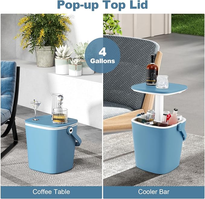 Moccha Outdoor Side Table Cooler - 4 Gallon Cooler Side Table w/Handle, Bottle Opener & Lift Top Lid, 3-in-1 Ice Bucket for Beer & Wine Storage, Cocktail Patio Bar Table for Beach Pool Picnic