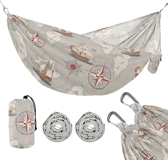 Camping Hammock Outdoor Hammocks for Outside Nautical Map Sailboat Beach Trees Portable Lightweight with Pockets Tree Straps Indoor Small