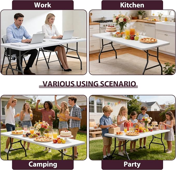 ZenStyle Indoor Outdoor 8ft Heavy Duty Folding Table - Portable Plastic Top w/Steel Legs & Handle for Camping, Picnics, Dining, Parties (White)
