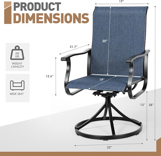 SUNCROWN Patio Swivel Rocker Dining Chairs Set of 4, All Weather High Back Textilene Outdoor Chairs with Sturdy Metal Frame, Swivel Rocking Patio Chairs for Backyard Lawn Garden Porch Deck, Blue
