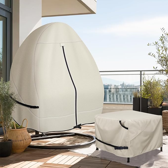 Porch Shield Patio Hanging Egg Chair Cover - 600D Waterproof Outdoor Double Seat Wicker Swing Egg Chair with Stand Protector, Beige