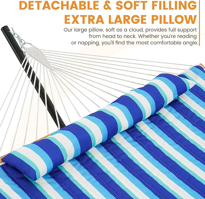 Lazy Daze Hammocks Rope Hammock with Pad, Spreader Bar, Carabiners, Tree Straps, Chains for Outside Patio- Max 450 Lbs, Ocean Stripes