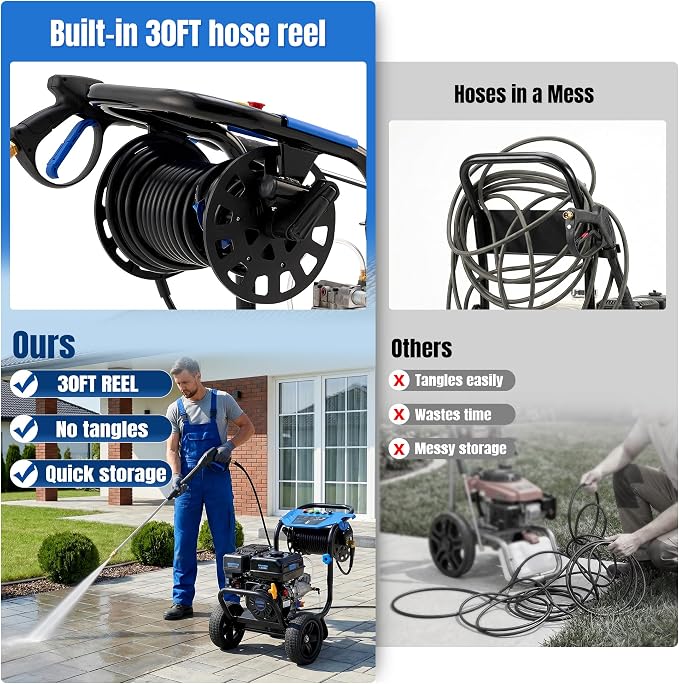 Gas Pressure Washer 3600 PSI with Hose Reel, 2.3 GPM Heavy Duty High Power Washer, 212CC Engine with 30FT Hose, Axial Aluminum Pump, Soap Tank, 5 Quick Connect Nozzle, 3.6L Gas Tank (Navy Blue)