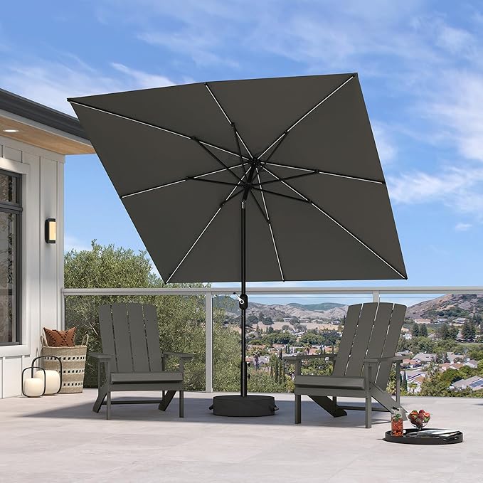PURPLE LEAF 8' x 8' Square Patio Umbrella with Solar LED Outdoor Table Umbrella Aluminum Frame Market Umbrella with 8 Sturdy Ribs & Tilt for Garden Deck Lawn Pool Gray
