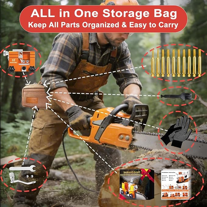 Chainsaw Sharpener with 10 High Hardness Titanium Plated Diamond Bits, Portable Manual Chainsaw Sharpening Jig Kit Tool, Chain Saw Blade Sharpener Accessories Fit for 4"-22" Chain Saws