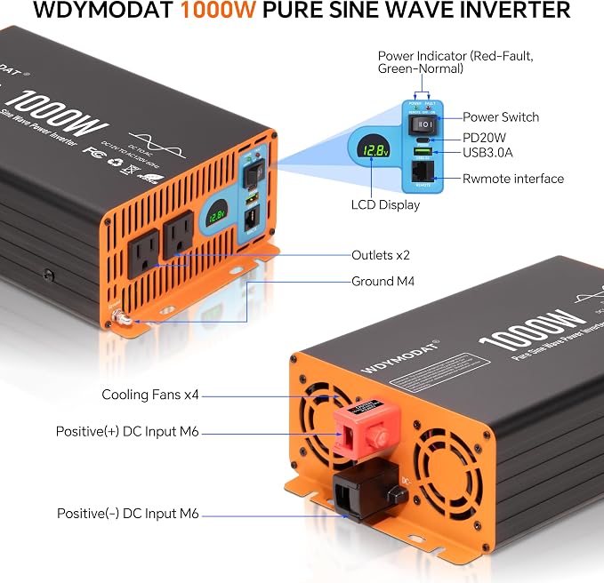 1000W Pure Sine Wave Inverter,12V DC to 120V AC Car Power Inverter 2000W Peak with 2AC Outlets, 3.0A USB and Type-C, LCD Display 16.5 ft Remote Control for RV Truck Travel Solar Emergency