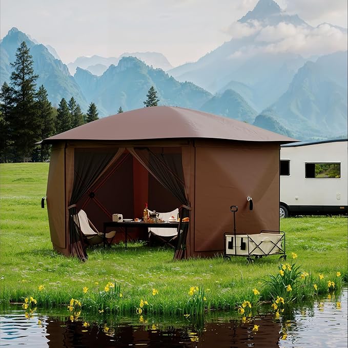 GarveeLife 13x13FT 6-Sided Pop Up Canopy Tent，One-Push Setup Canopy Tent with Removable Canopy Top & Wind Cloths, Outdoor shelter for Camping, Backyard Parties, Outdoor Events - Beige & Khaki