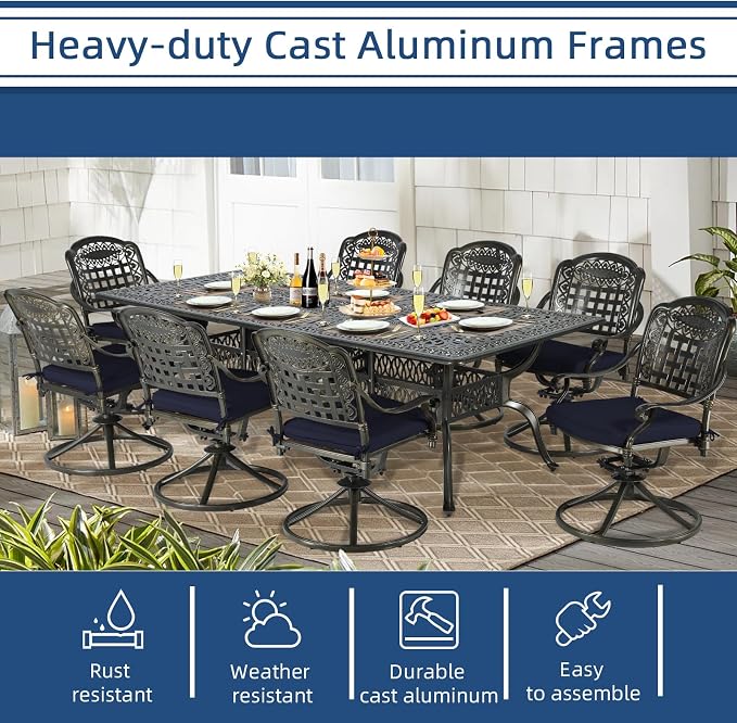 9-Piece Patio Cast Aluminum Dining Set, Outdoor Table and Chairs Set for 8, Includes 94.5" Rectangular Dining Table and 8 Swivel Rocker Chairs with Umbrella Hole for Lawn Garden, Navy Blue