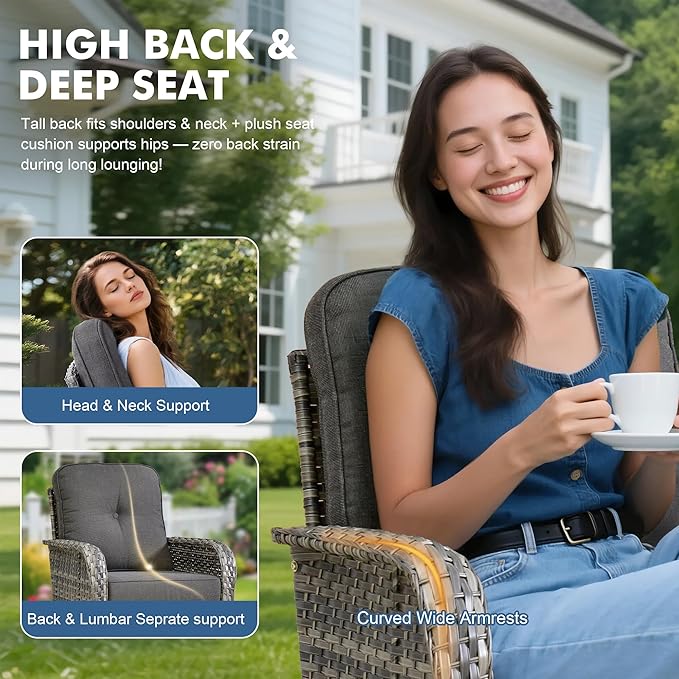 5 Pieces Wicker Patio Furniture Set, High Back Swivel Rocker Chairs Outdoor Loveseat Sofa and Rattan Coffee Table, Outdoor Conversation Sets for Porch Deck Backyard Poolside, Black
