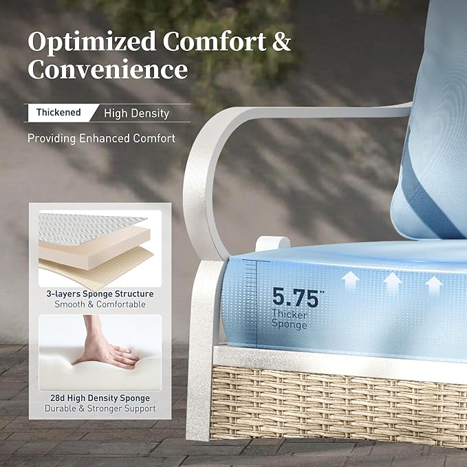 4 PCS Metal Outdoor Patio Furniture Set, Patio Conversation Sets 1 3-seater Sofa, 2 Rocking Chairs with 5.75" Extra Thick Cushion and Coffee Table, White Frame Backyard Furniture, Blue