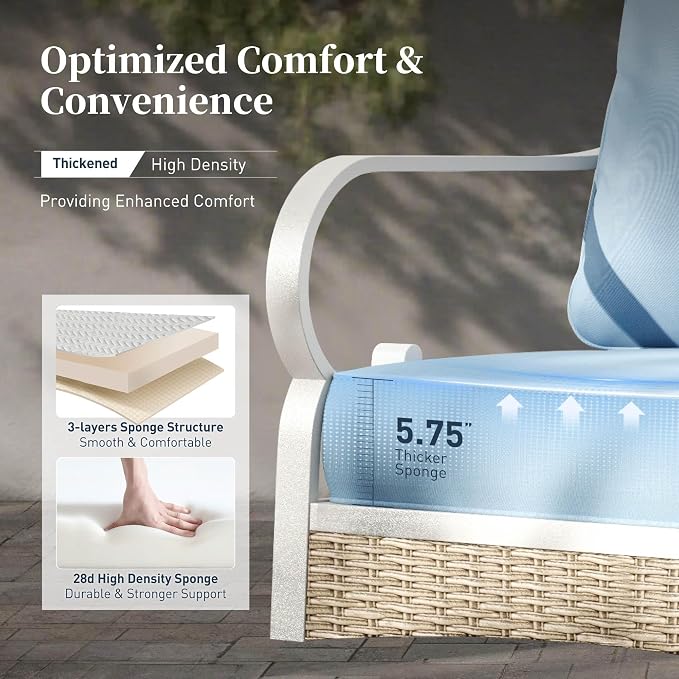 SUNSHINE VALLEY 6 Piece Metal Outdoor Patio Furniture Set, Patio Conversations Set 3-Seater Sofa, 2-Seater Sofa, 2 Rocking Chair with 5.75" Thick Cushion & Coffee Table White Backyard Furniture, Blue