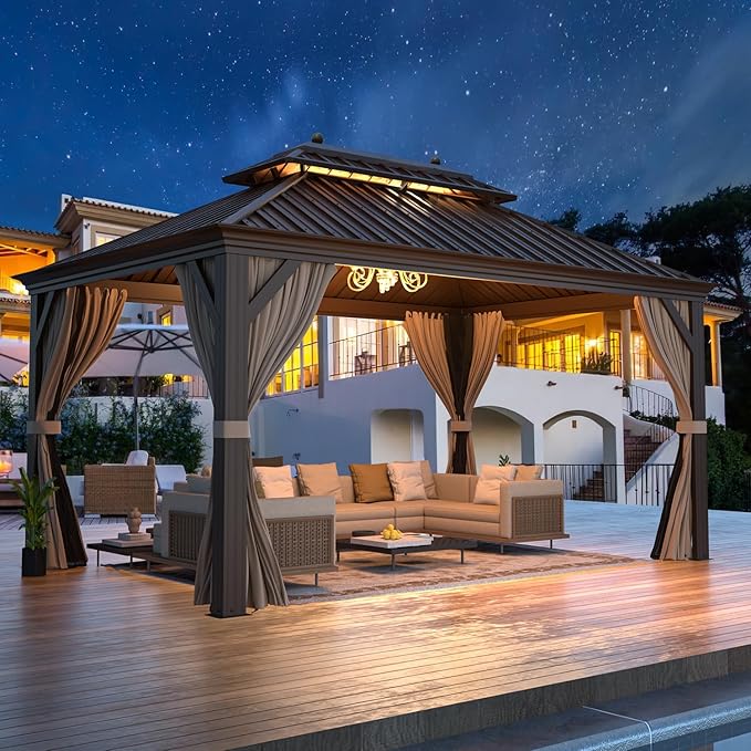 EROMMY 12'x14' Hardtop Gazebo, Galvanized Steel Outdoor Aluminum Canopy with Netting and Shaded Curtains, Double Roof Pergolas, Permanent Metal Pavilion for Patio, Backyard, Deck and Lawns