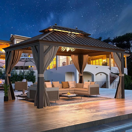 EROMMY 12'x14' Hardtop Gazebo, Galvanized Steel Outdoor Aluminum Canopy with Netting and Shaded Curtains, Double Roof Pergolas, Permanent Metal Pavilion for Patio, Backyard, Deck and Lawns