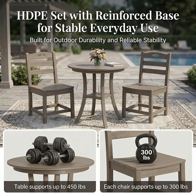 3-Piece Outdoor Round Table Set with Unberalla Hold, Patio Bistro Dining Set, Round Dining Table with 2 Slatted Chairs HDPE All Weather
