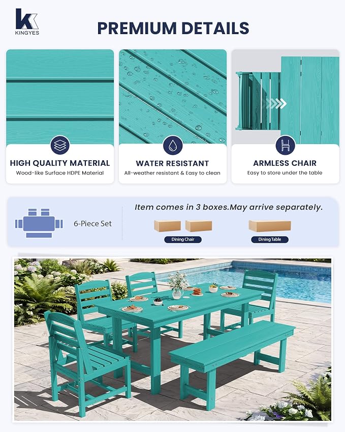 KINGYES 6-Piece Patio Dining Set, HDPE Table, Bench and Armless Chairs Outdoor Furniture Set with Umbrella Hole, Aruba