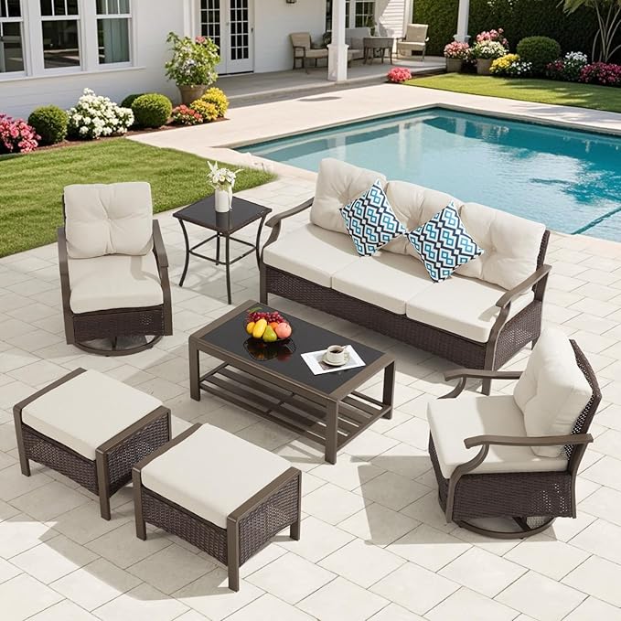 Outdoor Patio Furniture Set, 6 Pieces Outdoor Conversation Sets with Coffee Table, Side Table & Ottoman, Wicker Rattan Outdoor Sectional Sofa Set for Backyard, Deck, Porch, Poolside, Beig