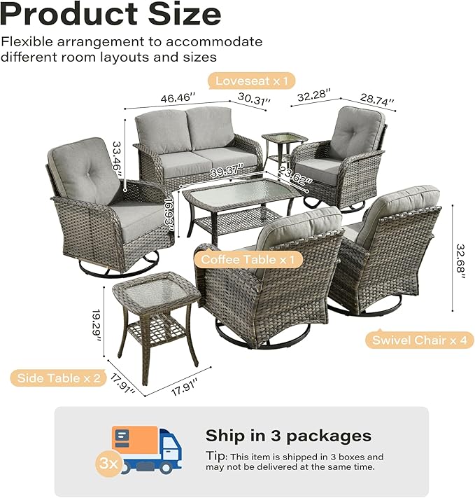 8 Pieces Patio Conversation Sets,Patio Furniture Set with Swivel Rocking Chairs,Coffee Table, Side Table, All Weather Rattan Wicker Outdoor Sectional Furniture Set for Porch Balcony Backyard Dark Gray