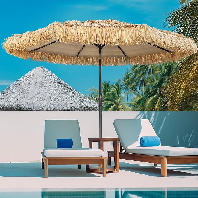 8FT Tiki Umbrella, Umbrella Outdoor Patio UV-Stability, Hawaiian Style Outdoor Umbrellas for Patio 8 large Ribs, Thatched umbrellas with Push Button Tilt and Crank Lift for Tiki Bar, Pool, Beach, Natural