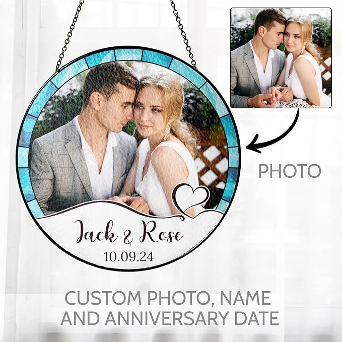 Personalized Stained Glass Window Hanging Suncatcher - Gift for Family, Couple - Portrait Couple Family - Perfect Valentine Gift, Custom Photo, Name and Date