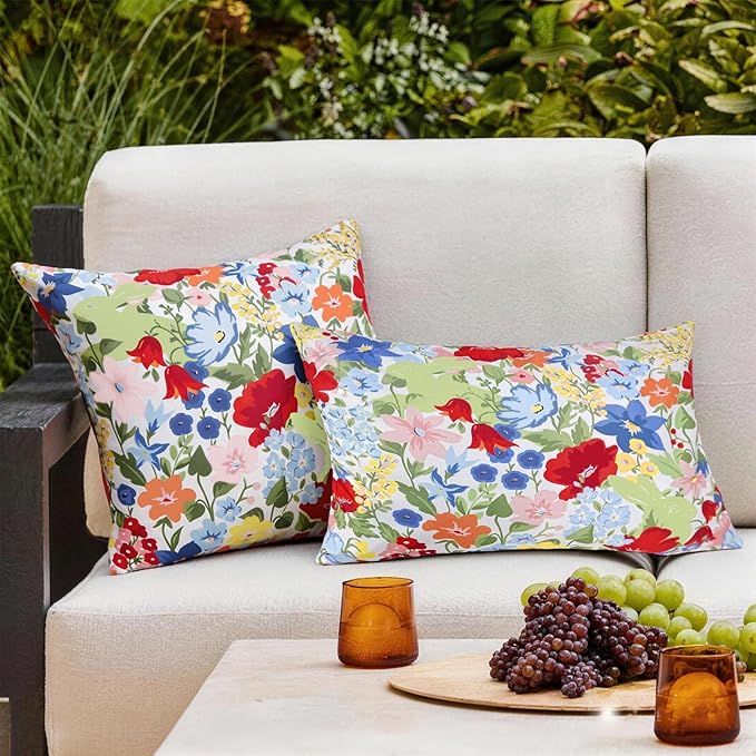 Adabana Spring Summer Outdoor Waterproof Floral Pillow Covers Set of 2 Square Colorful Couch Cushion Cases 20x12 Inch Waterproof Decorative Pillows for Patio Garden Beach,Colorful