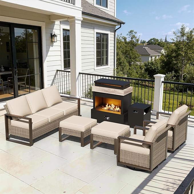 6 Pieces Metal Wicker Patio Furniture Set - 75" Sofa, Two Swivel Chairs and Two Ottomans, One Fireplace All Weather Rattan Outdoor Conversation Furniture with Washable Cushion for Deck, Beige
