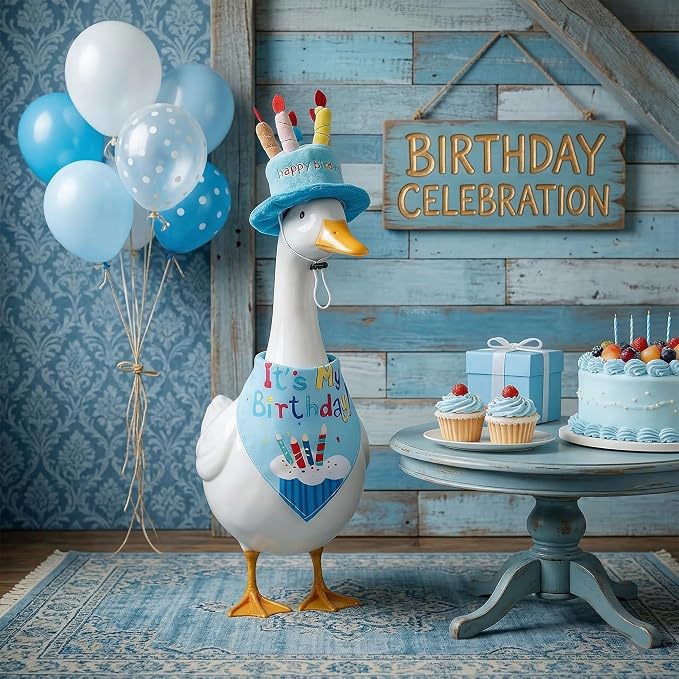 Happy Birthday Goose Outfit Porch Goose Outfits with Happy Birthday Cake Hat and Bandana Yard Geese Outfits for 23" 17" Cement/Plastic Porch Goose Outdoor Statue Patio Yard Lawn Art (Blue)