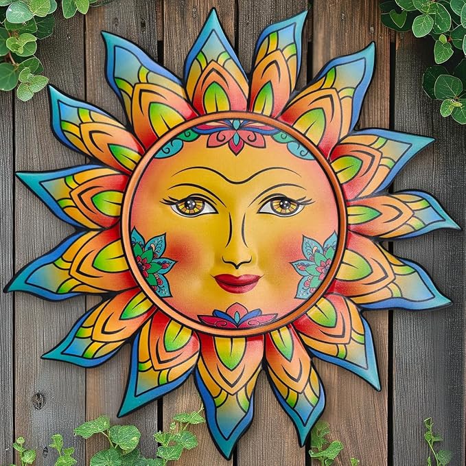 Daogtc Metal Sun Flower Wall Decor,12.87 inches Sun Wall Art Hanging Decoration for Indoor and Outdoor, Garden Farmhouse Yard Patio Fence Living Room Bedroom Decor